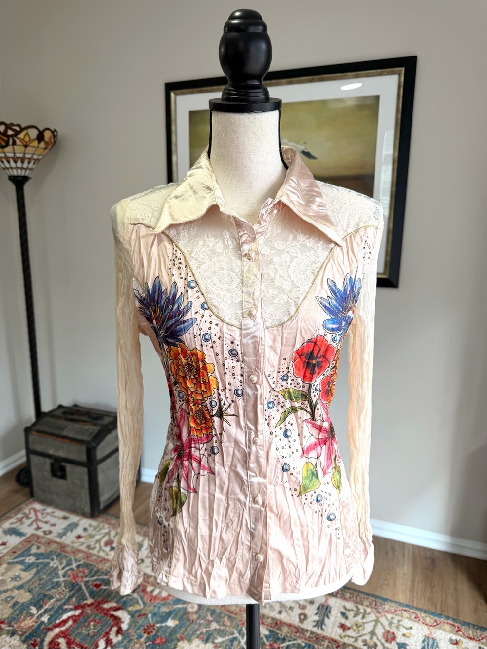 Alberto Makali Silk Blend Floral Lace Boho Button Blouse Top M - Picture 2 of 13
